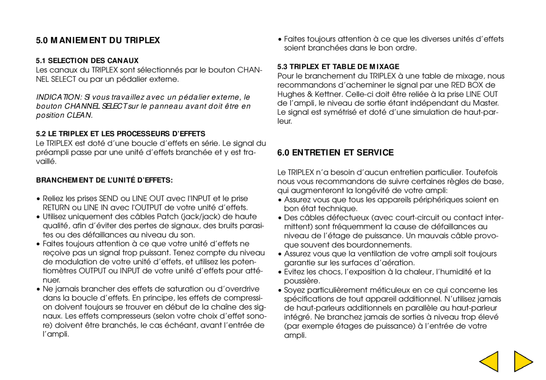 Hughes & Kettner Maniement Du Triplex, Entretien Et Service, Selection Des Canaux, Branchement De L’Unité D’Effets 