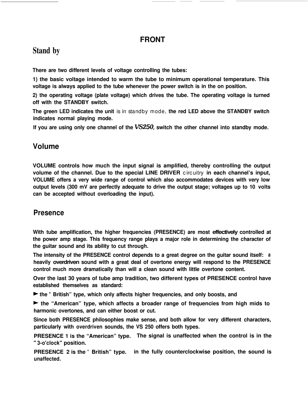 Hughes & Kettner VS 250 user manual Volume, Presence 