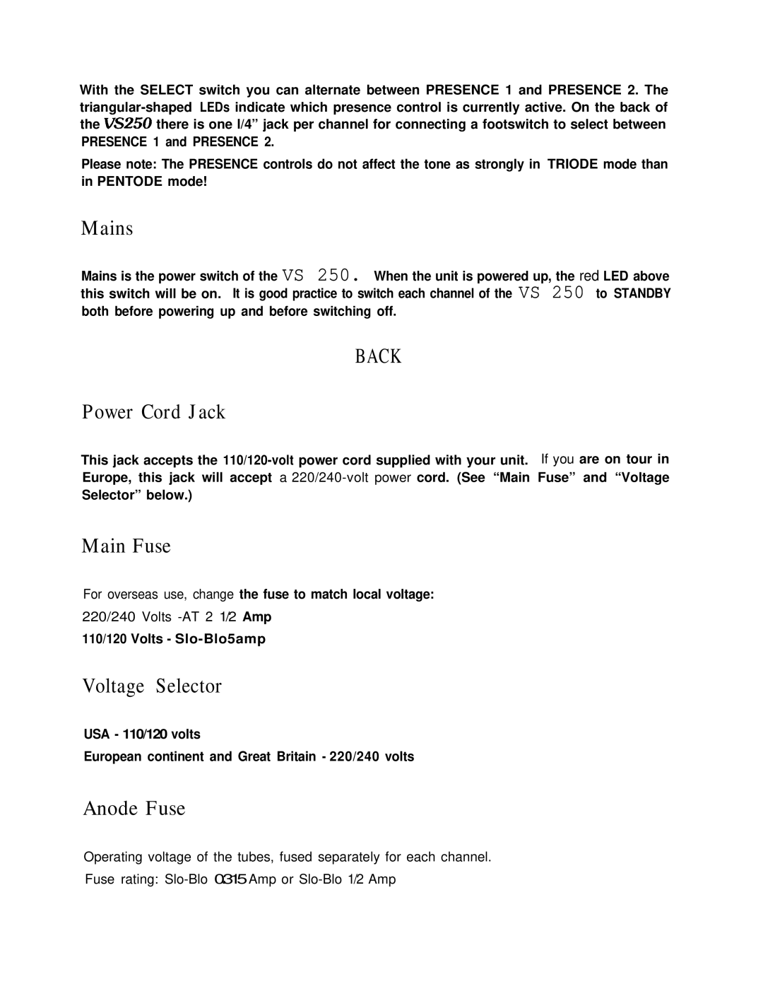 Hughes & Kettner VS 250 user manual Back 