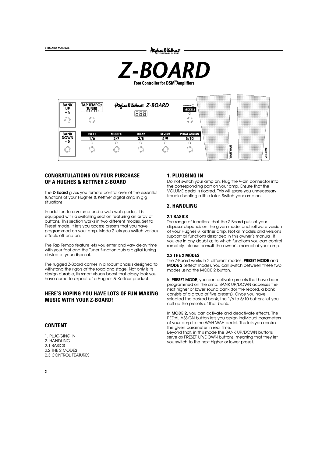 Hughes & Kettner z-board manual Plugging Handling 2.1 Basics 2 Modes Control Features 