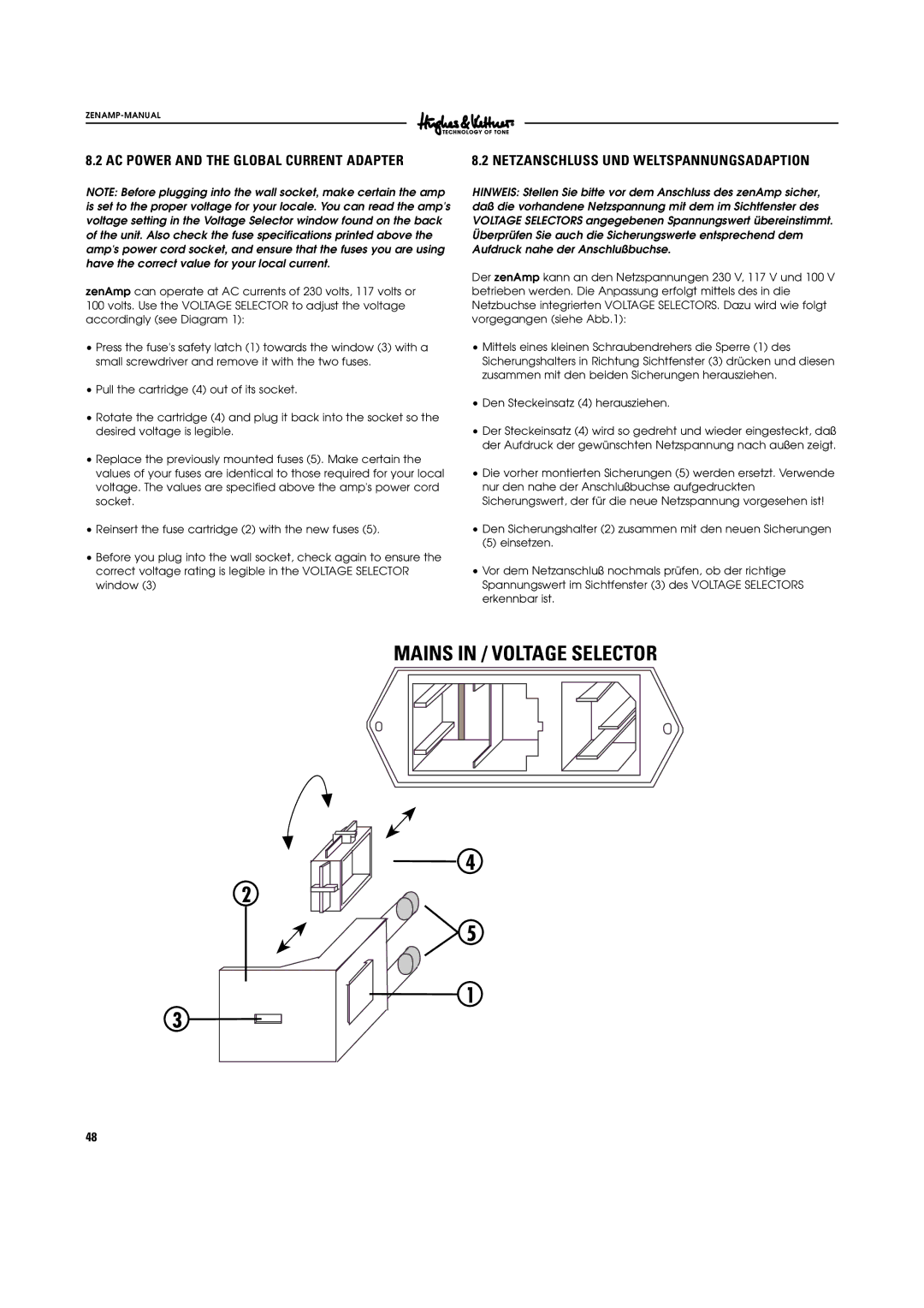 Hughes & Kettner ZenAmp manual AC Power and the Global Current Adapter, Netzanschluss UND Weltspannungsadaption 