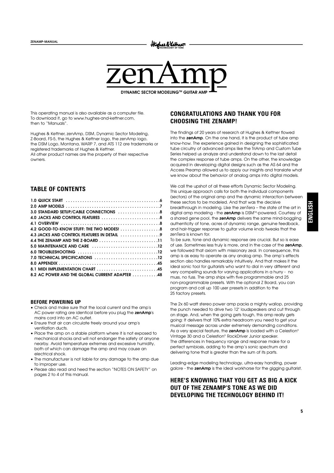 Hughes & Kettner ZenAmp manual Table of Contents, Congratulations and Thank YOU for Choosing the Zenamp 