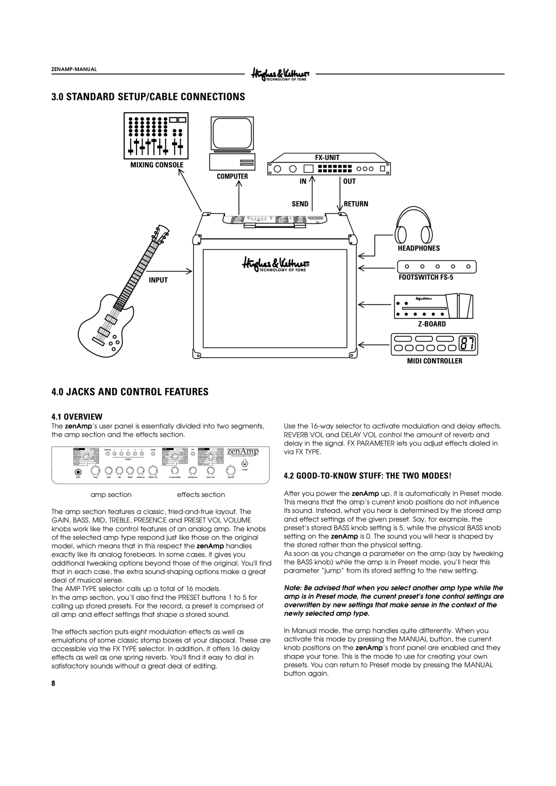 Hughes & Kettner ZenAmp manual Standard SETUP/CABLE Connections, Jacks and Control Features, Overview 