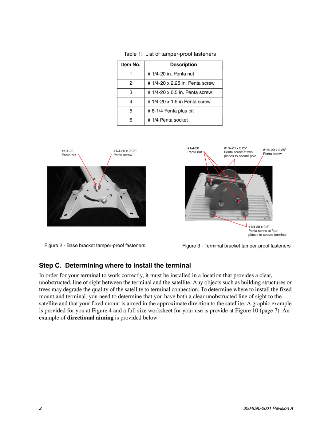 Hughes 3004066-001, 3004090-0001 Step C. Determining where to install the terminal, List of tamper-proof fasteners 