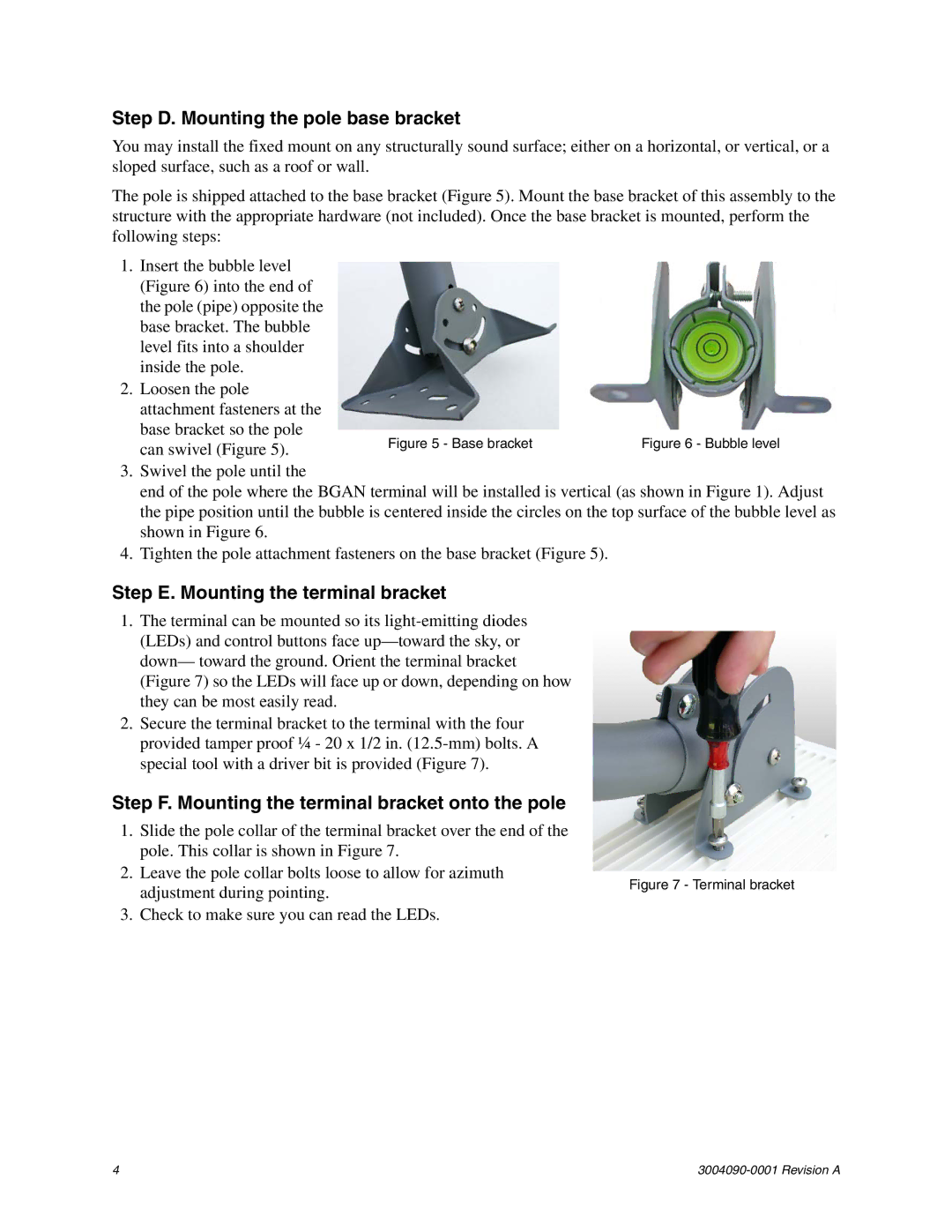 Hughes 3004066-001, 3004090-0001 Step D. Mounting the pole base bracket, Step E. Mounting the terminal bracket 