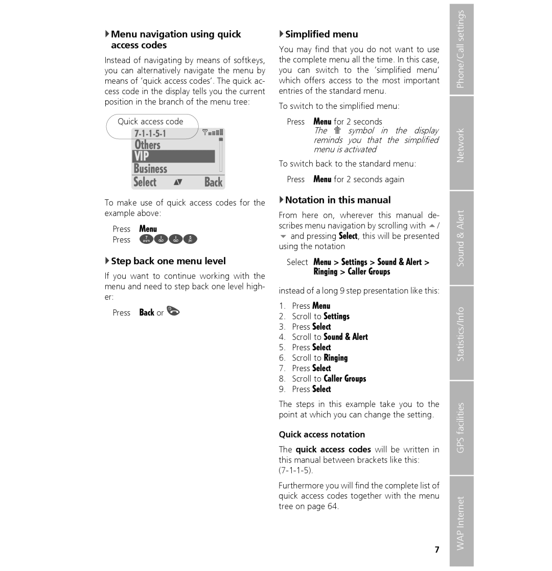 Hughes 7101 Business Select Back, Menu navigation using quick access codes, Step back one menu level, Simplified menu 