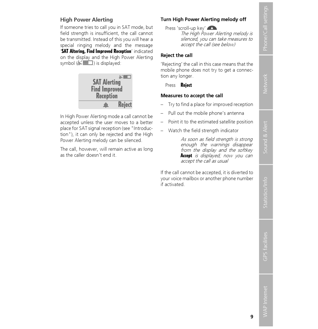 Hughes 7101 SAT Alerting Find Improved Reception Reject, Turn High Power Alerting melody off, Reject the call 