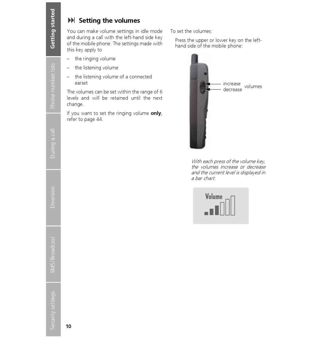 Hughes 7101 user manual Setting the volumes, Volume, During a call Phone number lists Getting started 