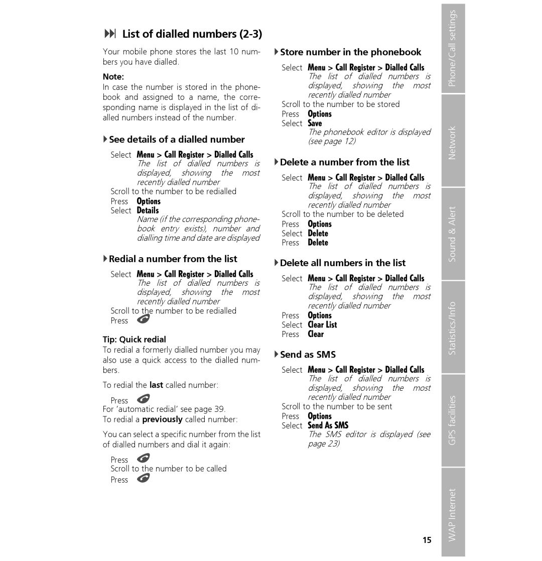 Hughes 7101 List of dialled numbers, See details of a dialled number, Redial a number from the list, Send as SMS 