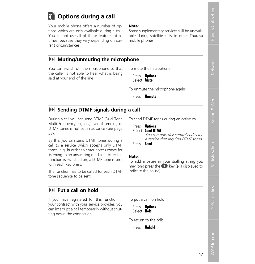 Hughes 7101 Options during a call, Muting/unmuting the microphone, Sending Dtmf signals during a call, Put a call on hold 