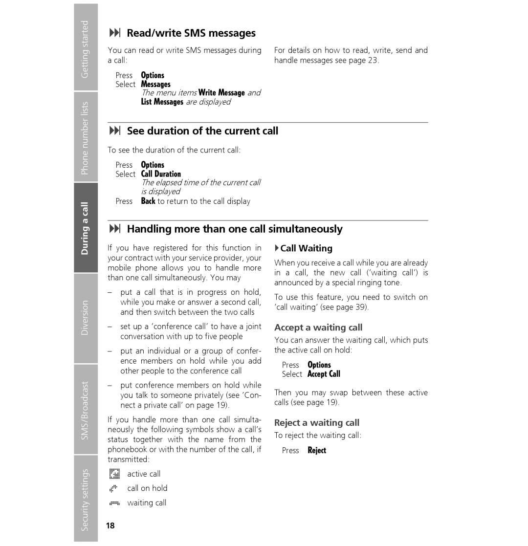 Hughes 7101 Read/write SMS messages, See duration of the current call, Handling more than one call simultaneously 