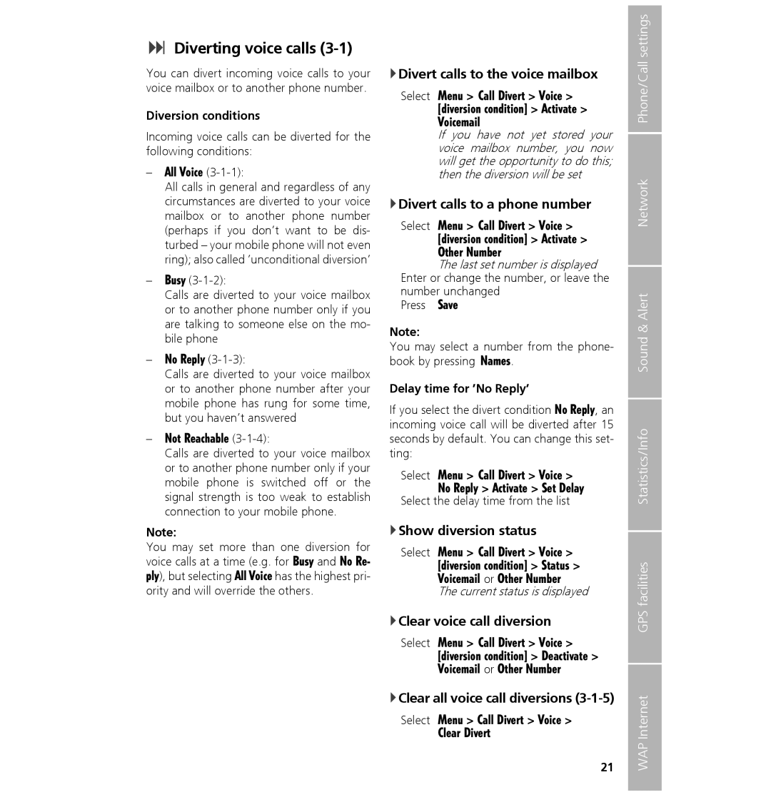 Hughes 7101 user manual Diverting voice calls, Divert calls to the voice mailbox, Divert calls to a phone number 