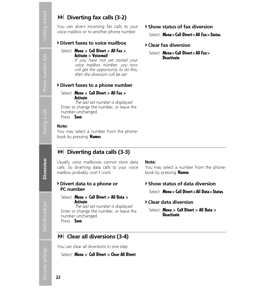 Hughes 7101 user manual Diverting fax calls, Diverting data calls, Clear all diversions 