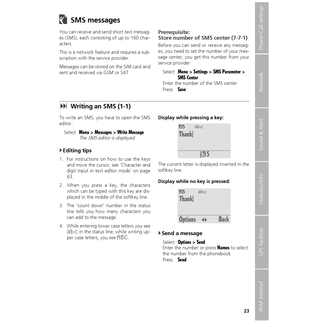 Hughes 7101 user manual SMS messages, Writing an SMS, Thank Options Back, Prerequisite Store number of SMS center 