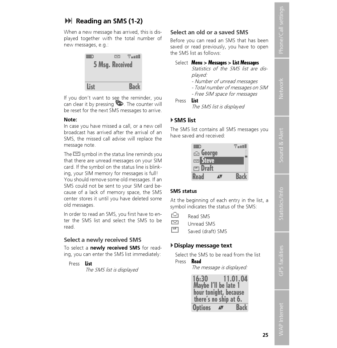 Hughes 7101 user manual Reading an SMS, Msg. Received ListBack, George Draft Read, 1630 11.01 Maybe I’ll be late, Options 