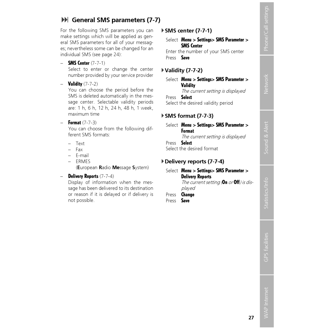 Hughes 7101 user manual General SMS parameters, SMS center, Validity, SMS format, Delivery reports 