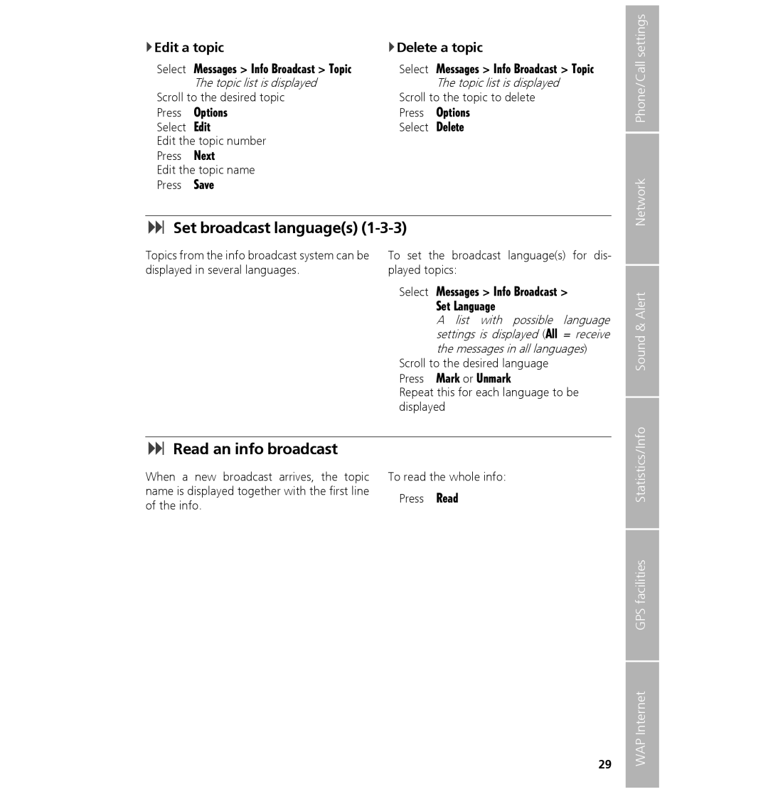 Hughes 7101 Set broadcast languages, Read an info broadcast, Edit a topic, Delete a topic, Sound & Alert Statistics/Info 