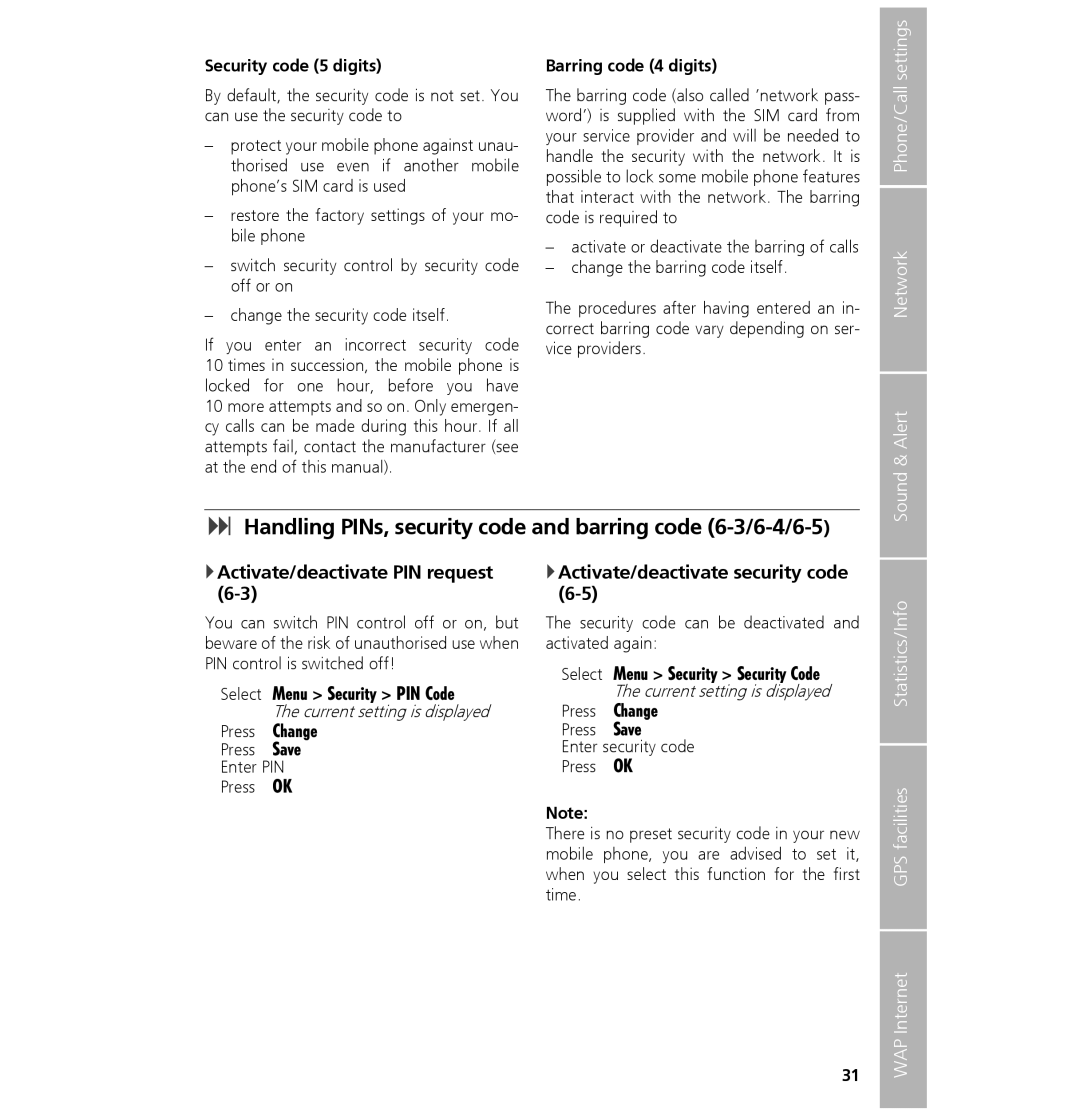 Hughes 7101 user manual Handling PINs, security code and barring code 6-3/6-4/6-5, Activate/deactivate PIN request 