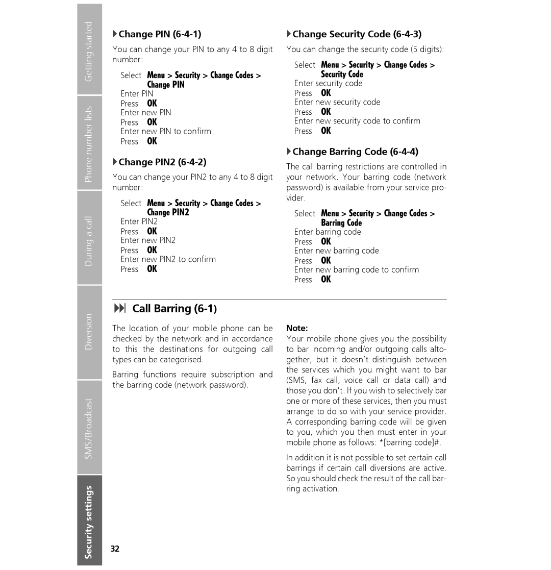 Hughes 7101 user manual Call Barring, Change PIN2, Change Security Code, Change Barring Code 