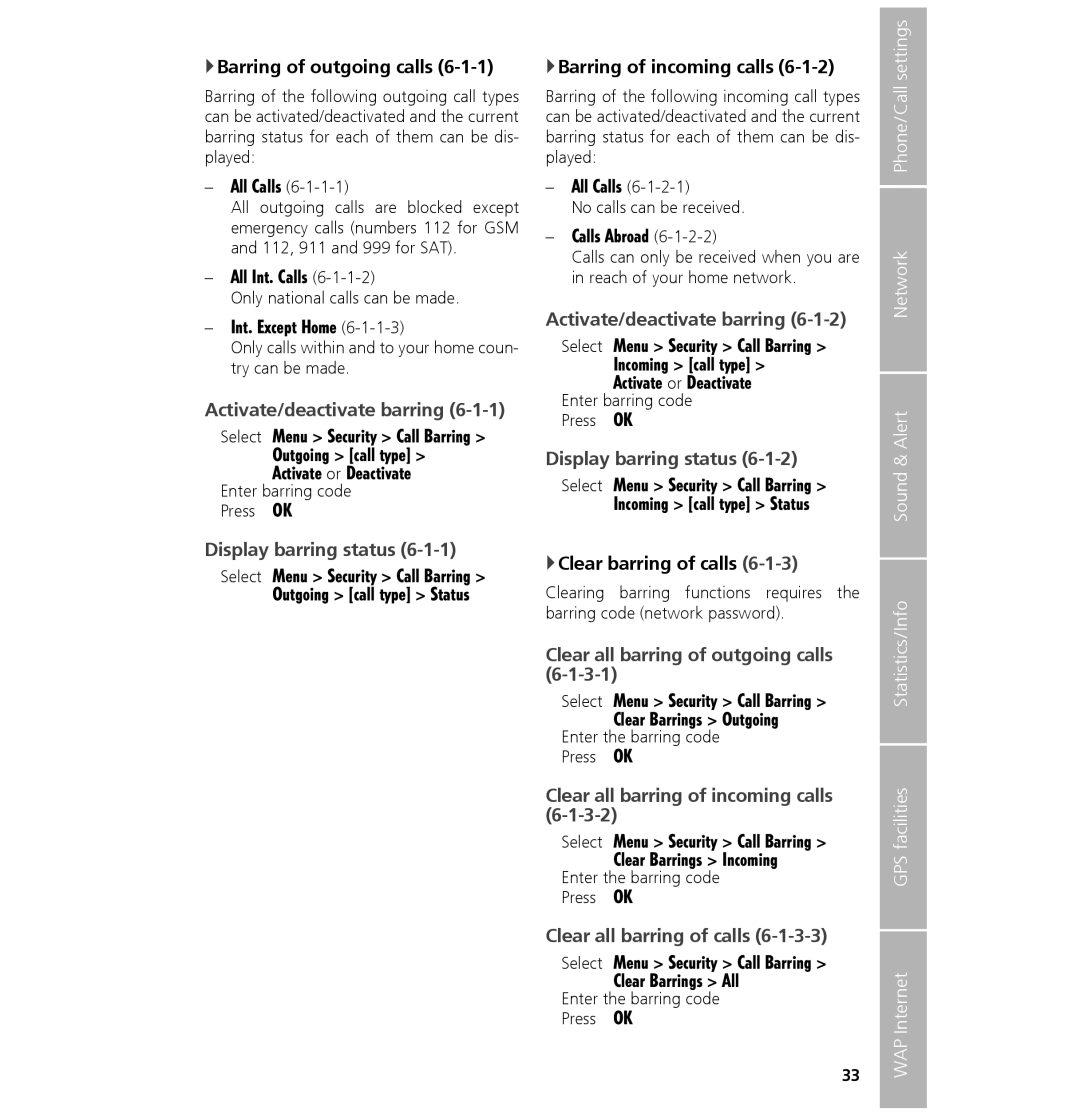 Hughes 7101 user manual Activate/deactivate barring, Display barring status, Clear all barring of outgoing calls 3-1, 3-2 