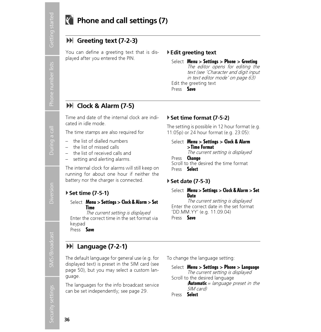 Hughes 7101 user manual Phone and call settings, Greeting text, Clock & Alarm, Language 