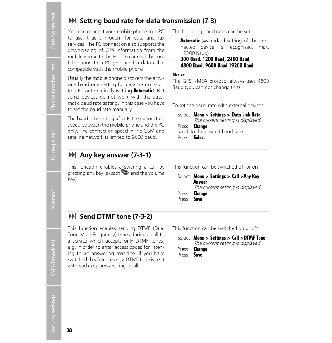 Hughes 7101 Setting baud rate for data transmission, Any key answer, Send Dtmf tone, Call Phone number lists Getting 