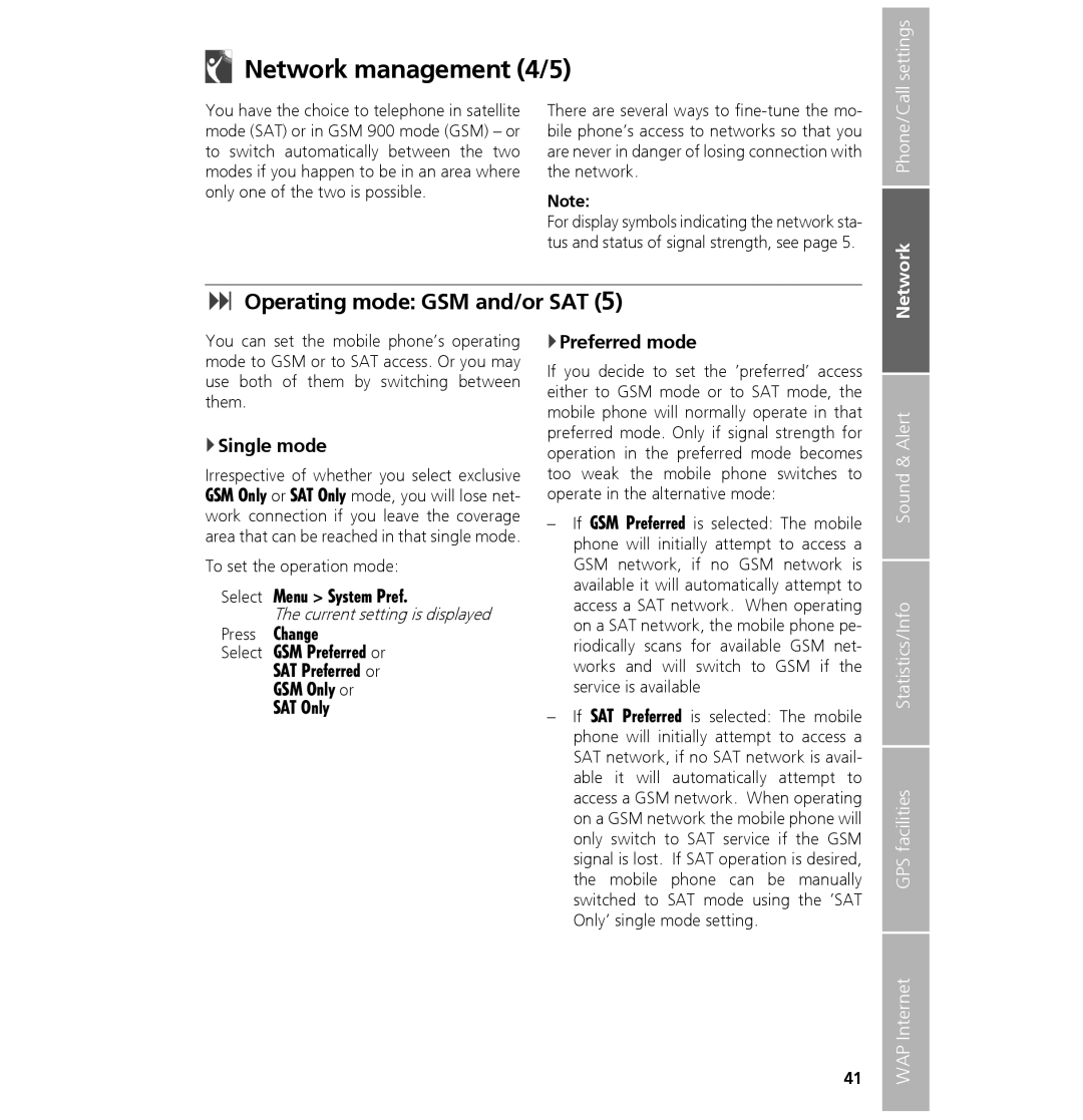 Hughes 7101 Network management 4/5, Operating mode GSM and/or SAT, Single mode, Preferred mode, Network Phone/Call 