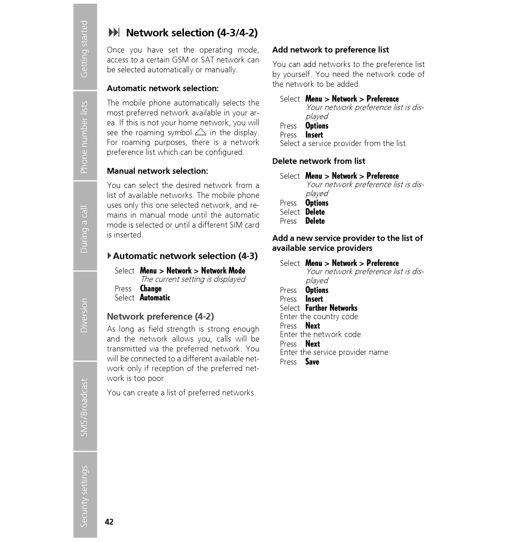 Hughes 7101 user manual Network selection 4-3/4-2, Automatic network selection, Network preference 