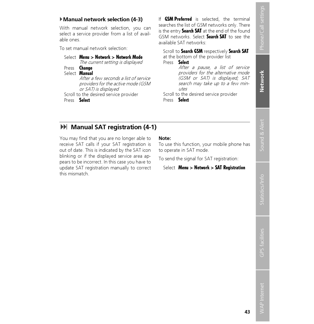 Hughes 7101 user manual Manual SAT registration, Manual network selection, Network Phone/Call settings 