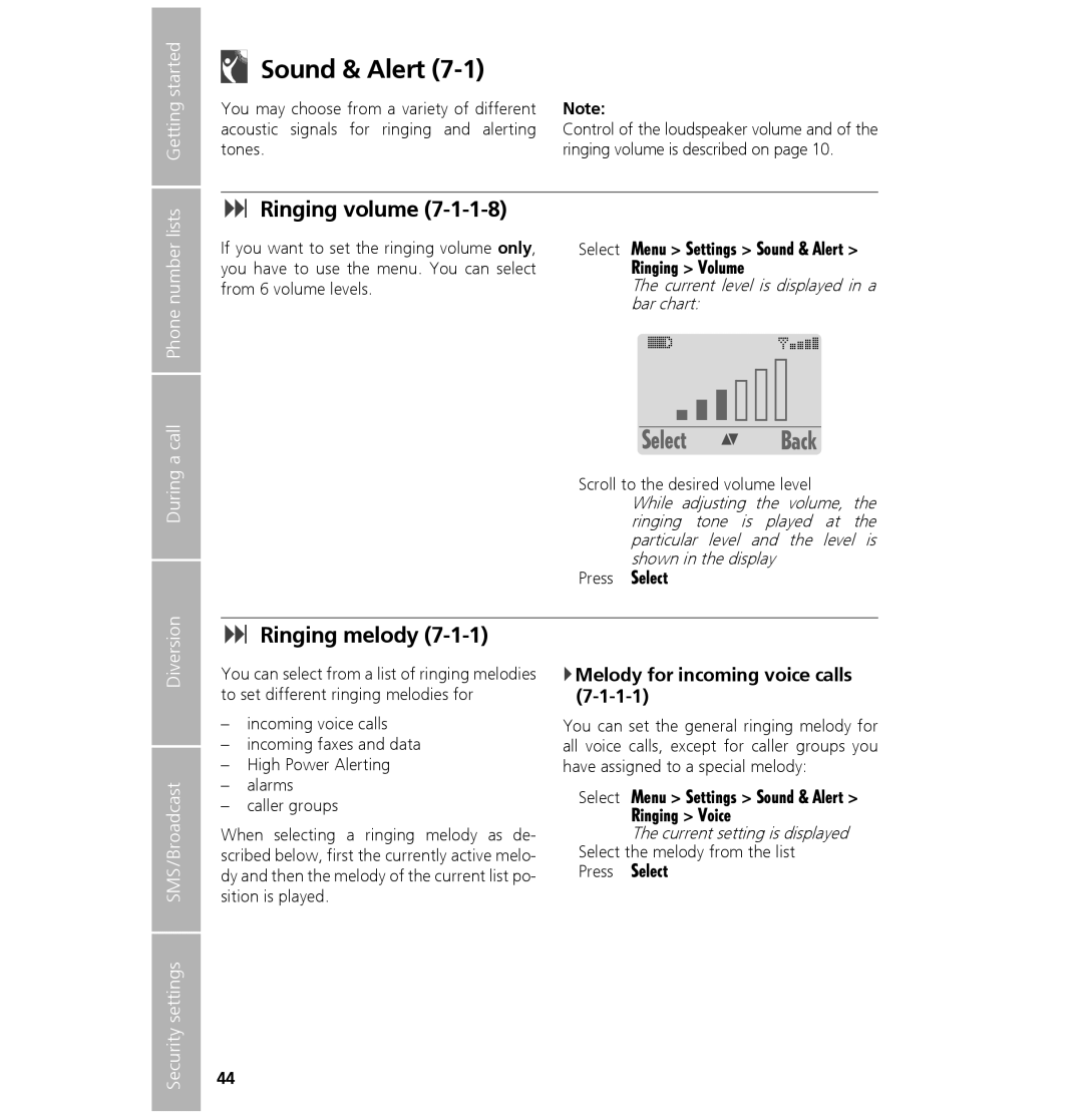 Hughes 7101 user manual Sound & Alert, Ringing volume, Ringing melody, Melody for incoming voice calls 