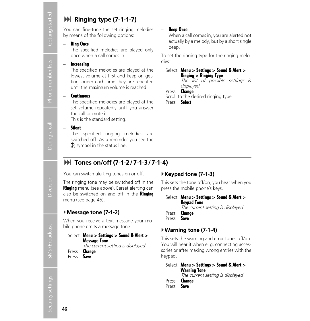 Hughes 7101 user manual Ringing type, Tones on/off 7-1-2/7-1-3/7-1-4, Message tone, Keypad tone 