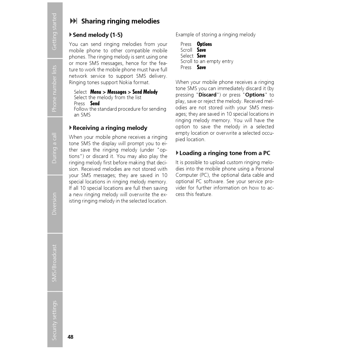 Hughes 7101 user manual Sharing ringing melodies, Send melody, Receiving a ringing melody, Loading a ringing tone from a PC 