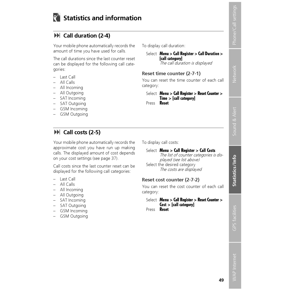 Hughes 7101 user manual Statistics and information, Call duration, Call costs, Reset time counter, Reset cost counter 