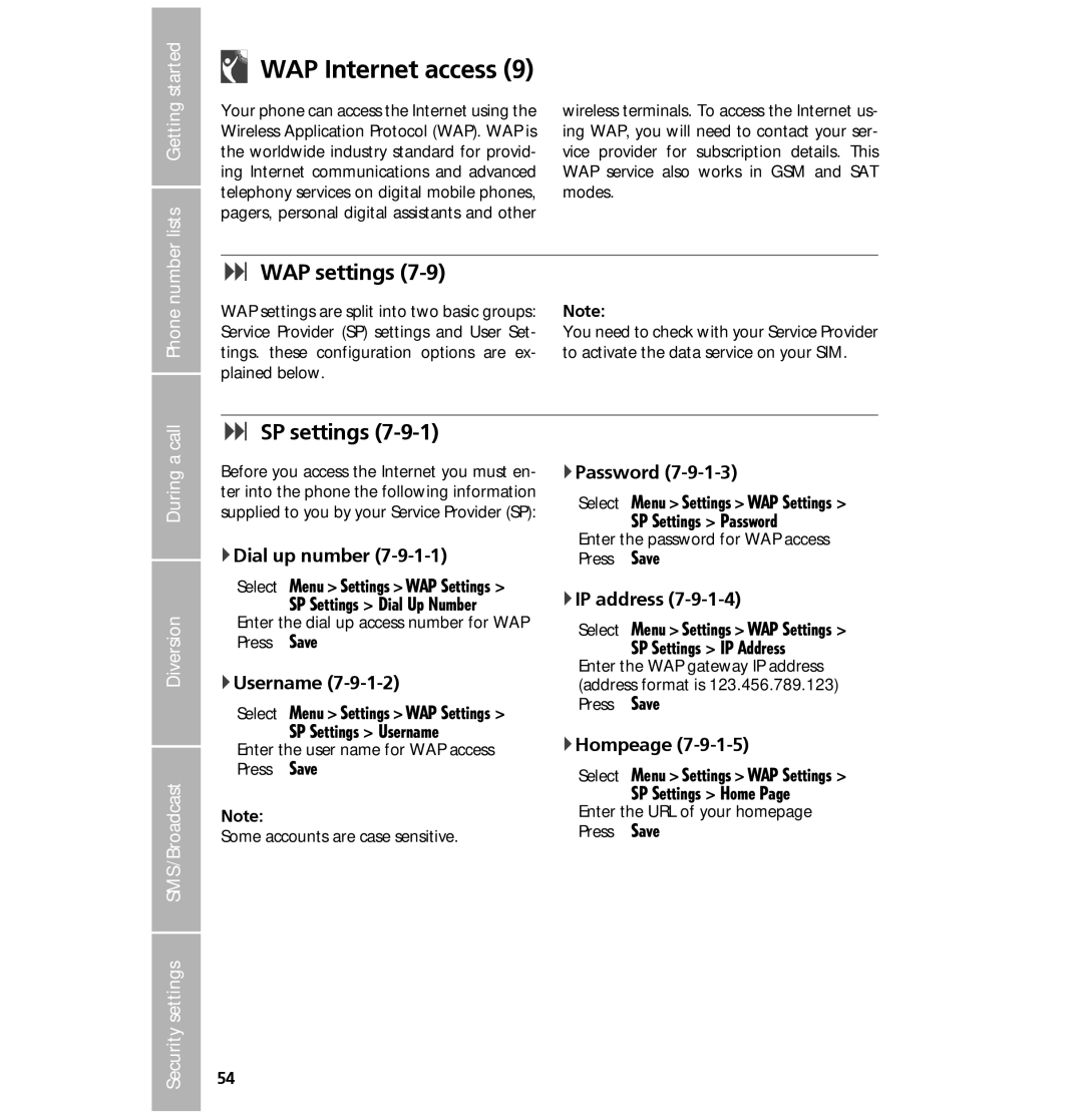 Hughes 7101 user manual WAP settings, SP settings 