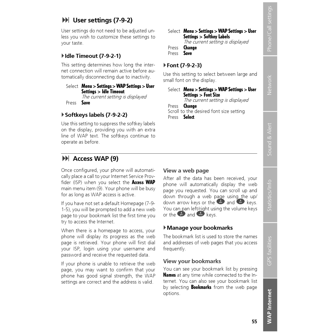 Hughes 7101 user manual User settings, Access WAP, View a web, View your bookmarks 