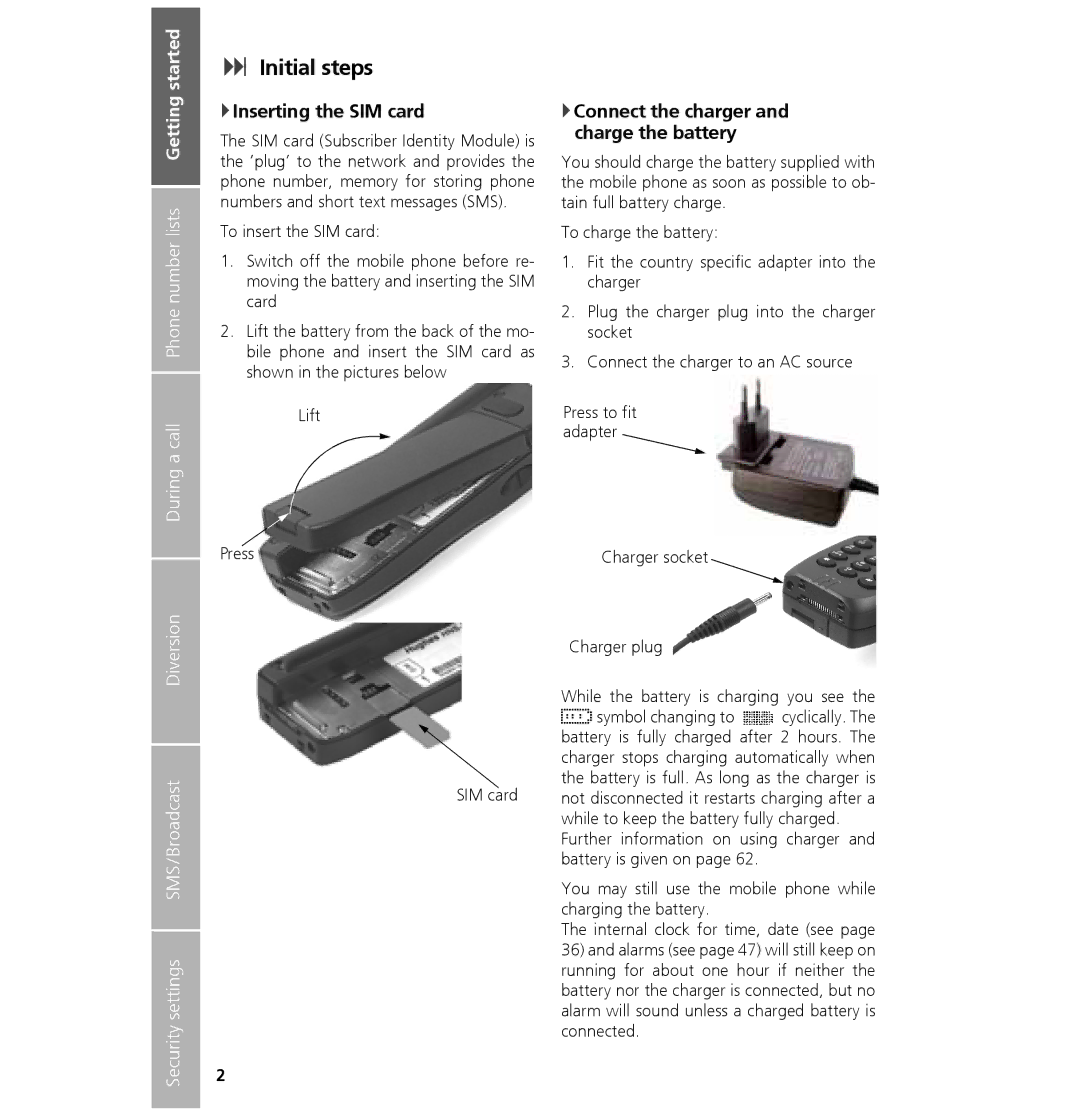 Hughes 7101 user manual Initial steps, Inserting the SIM card, Connect the charger and charge the battery 