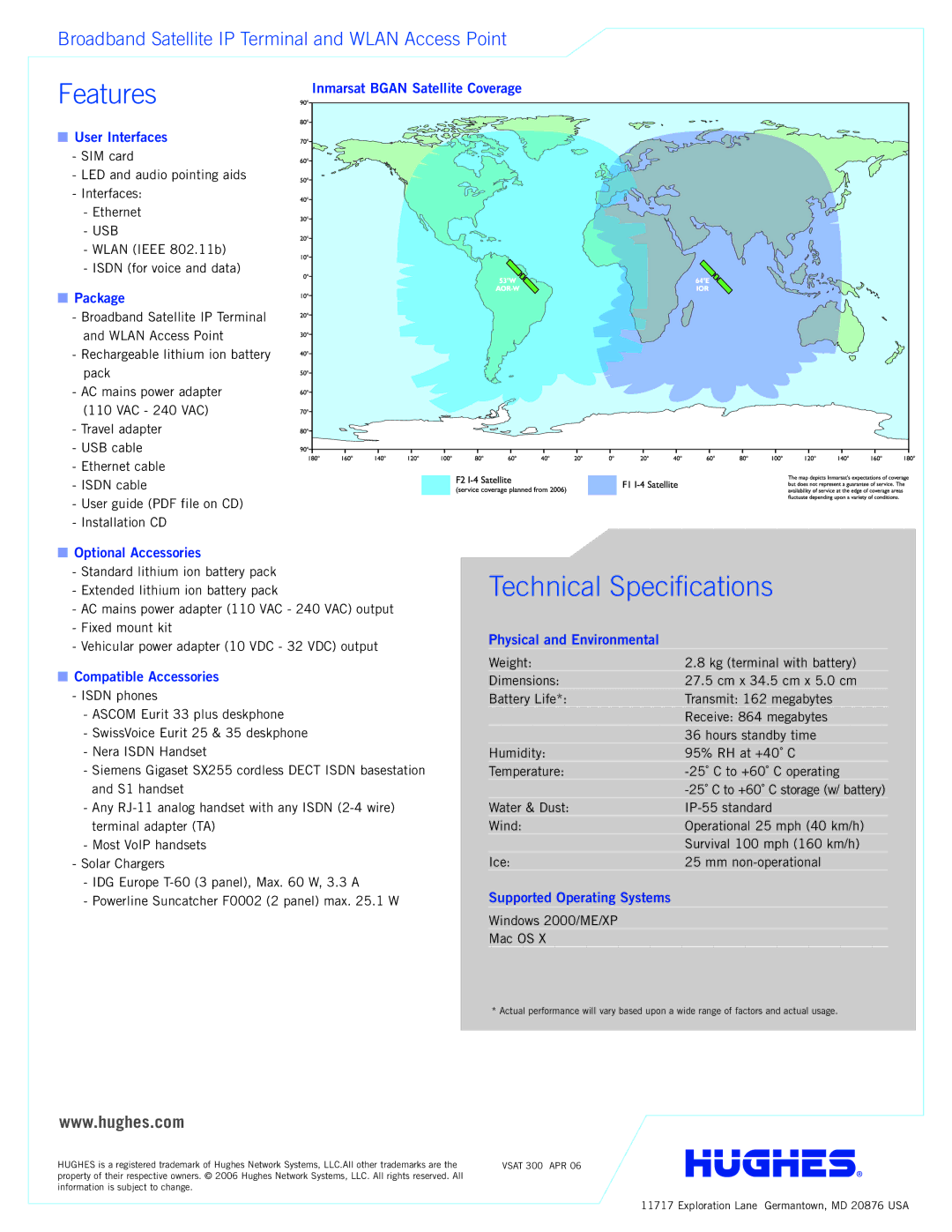 Hughes 9201 manual Inmarsat Bgan Satellite Coverage, User Interfaces, Package, Optional Accessories, Compatible Accessories 