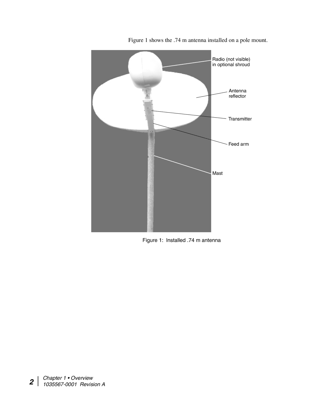 Hughes AN4-074-DF installation manual Shows the .74 m antenna installed on a pole mount 