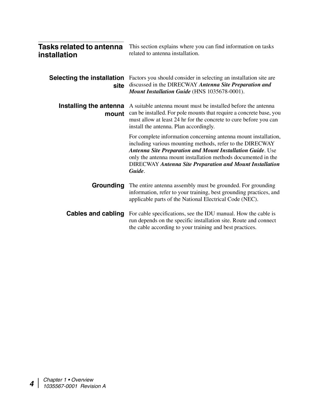 Hughes AN4-074-DF installation manual Tasks related to antenna installation, Mount Installation Guide HNS 