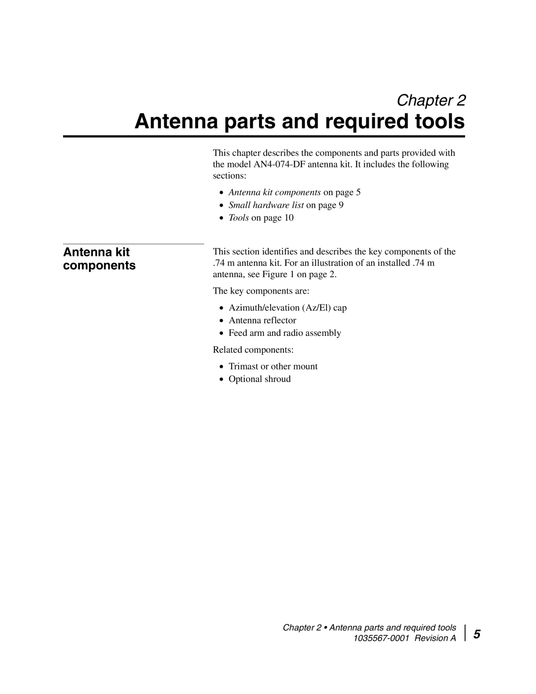 Hughes AN4-074-DF installation manual Antenna parts and required tools, Antenna kit components 