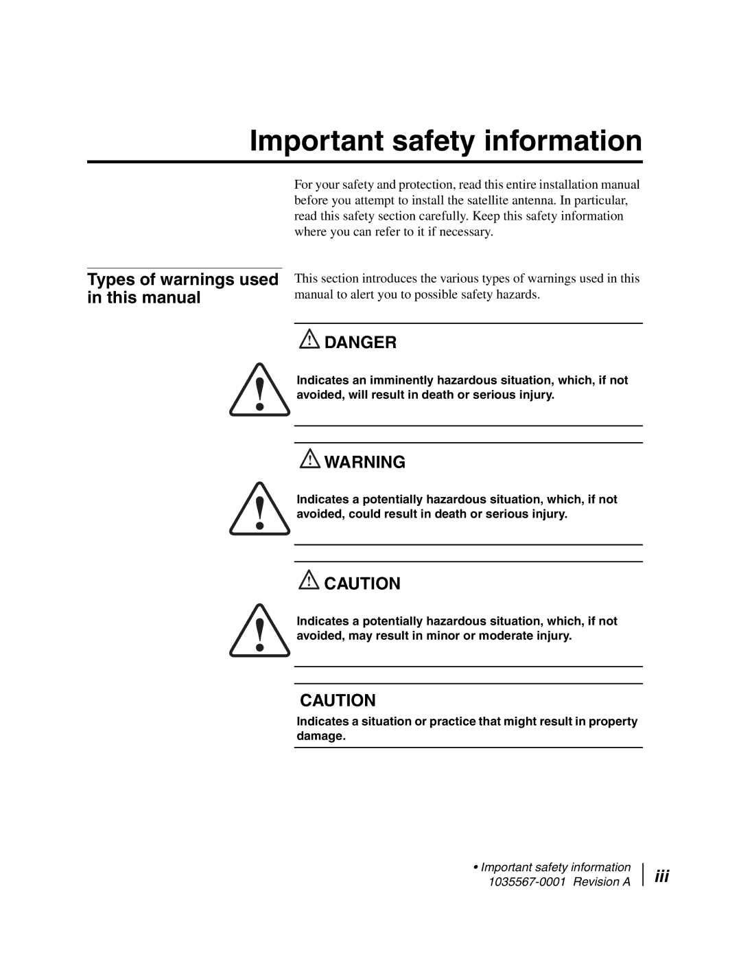 Hughes AN4-074-DF installation manual Important safety information, Types of warnings used in this manual 