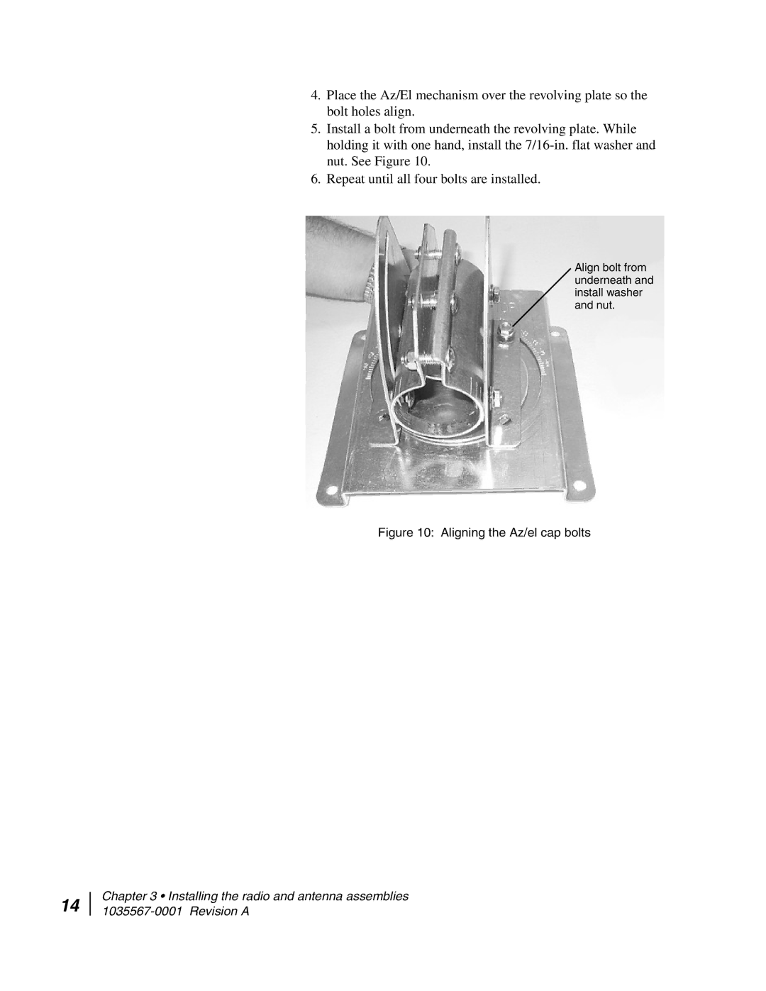 Hughes AN4-074-DF installation manual Aligning the Az/el cap bolts 