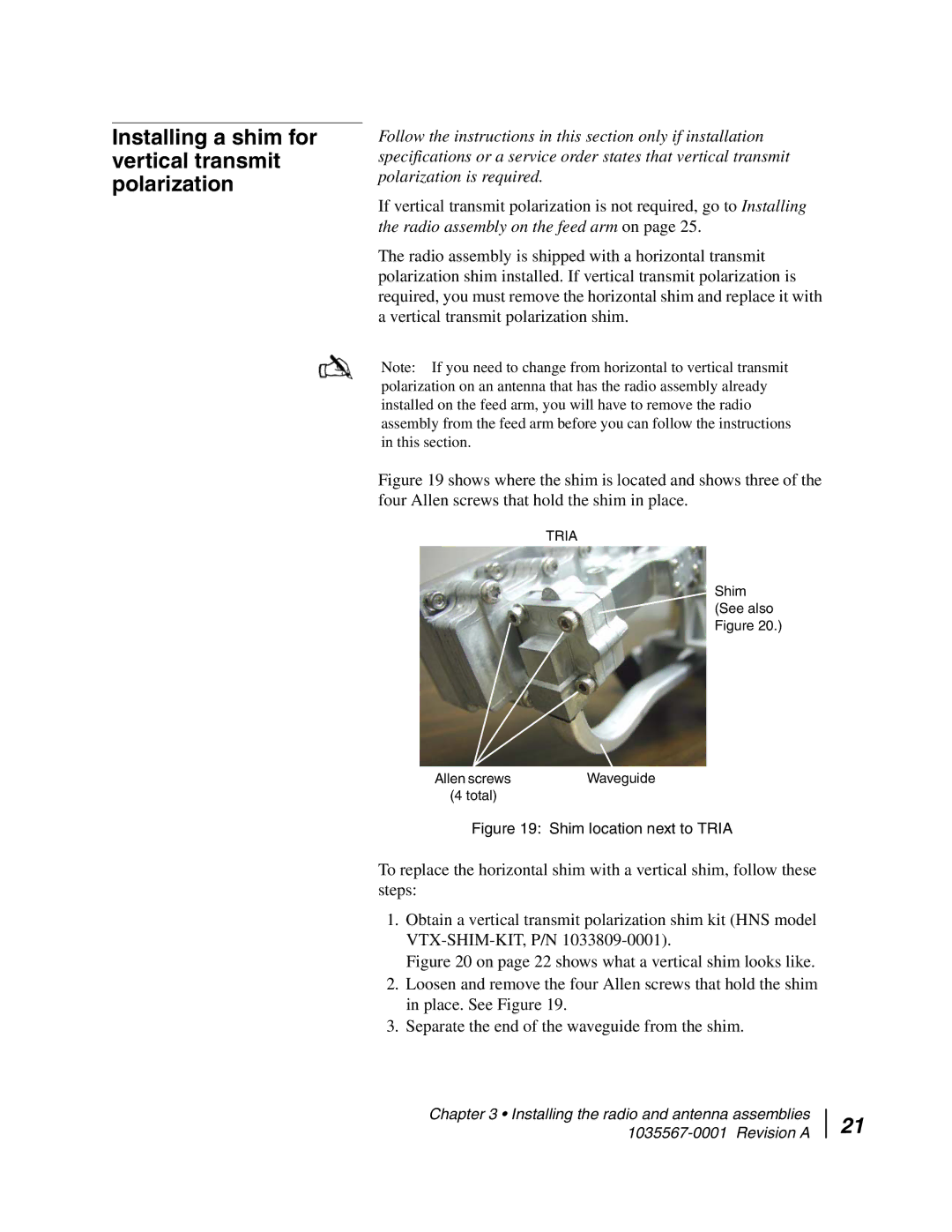 Hughes AN4-074-DF installation manual Installing a shim for vertical transmit polarization, Shim location next to Tria 