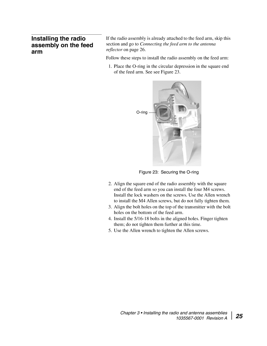 Hughes AN4-074-DF installation manual Installing the radio assembly on the feed arm, Securing the O-ring 