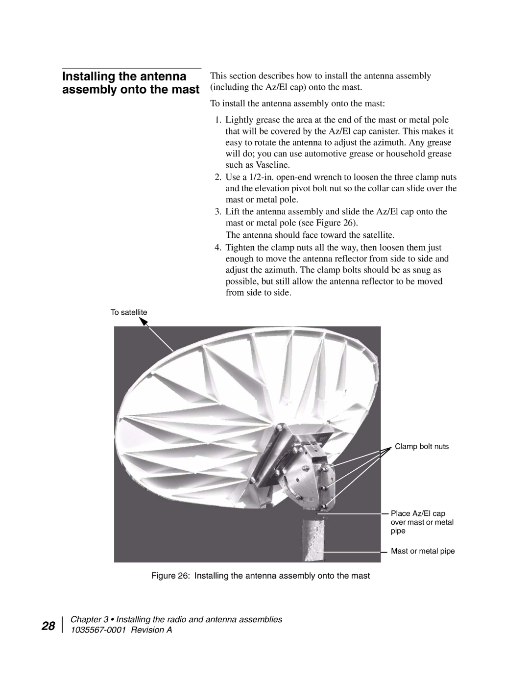 Hughes AN4-074-DF installation manual Installing the antenna assembly onto the mast 