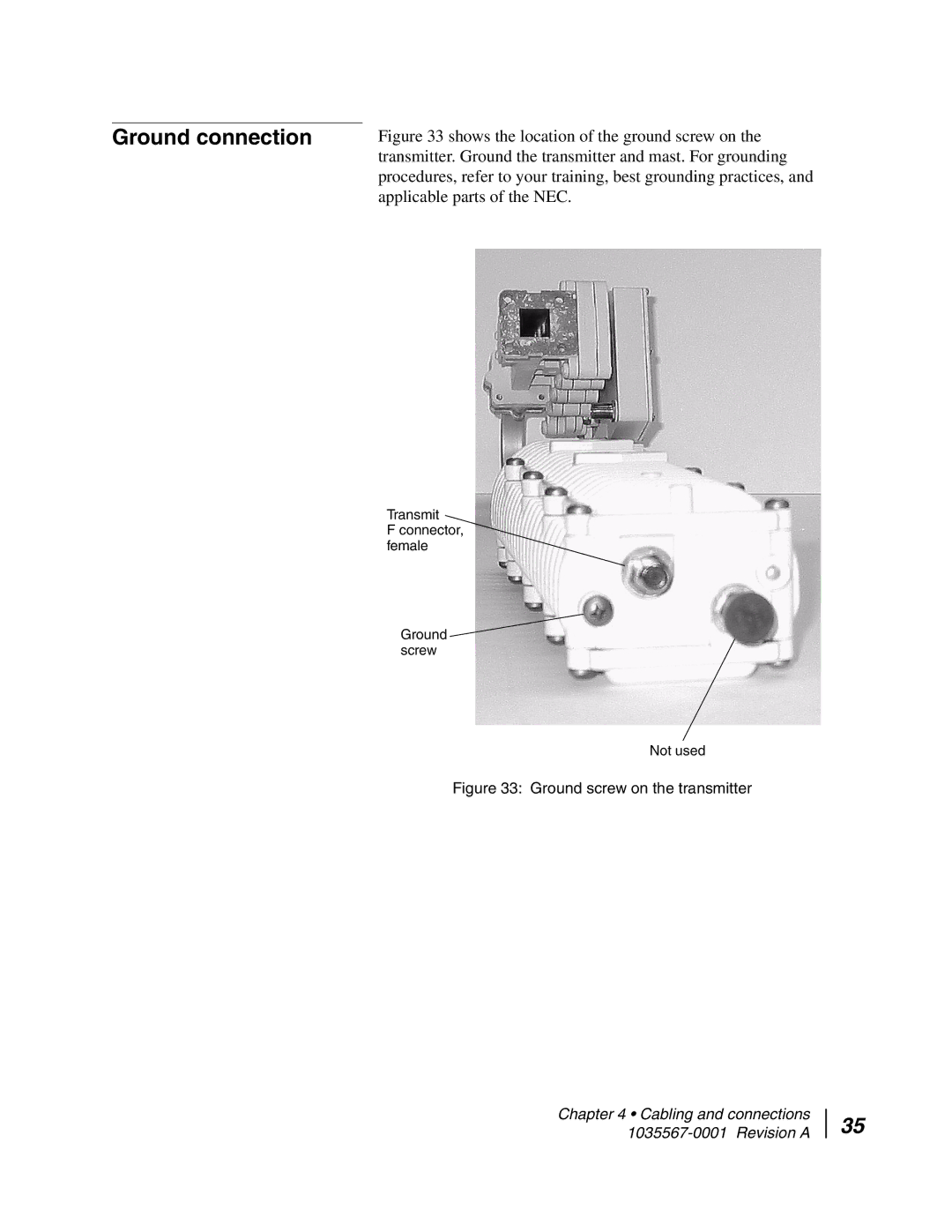 Hughes AN4-074-DF installation manual Ground connection, Ground screw on the transmitter 