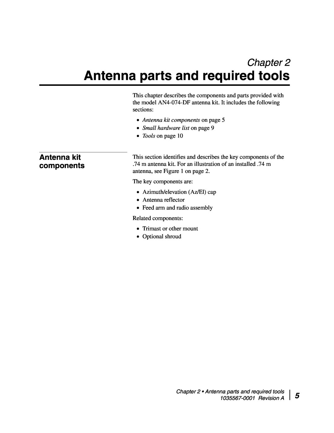 Hughes AN4-074-DF installation manual Antenna parts and required tools, Chapter, Antenna kit components on page 
