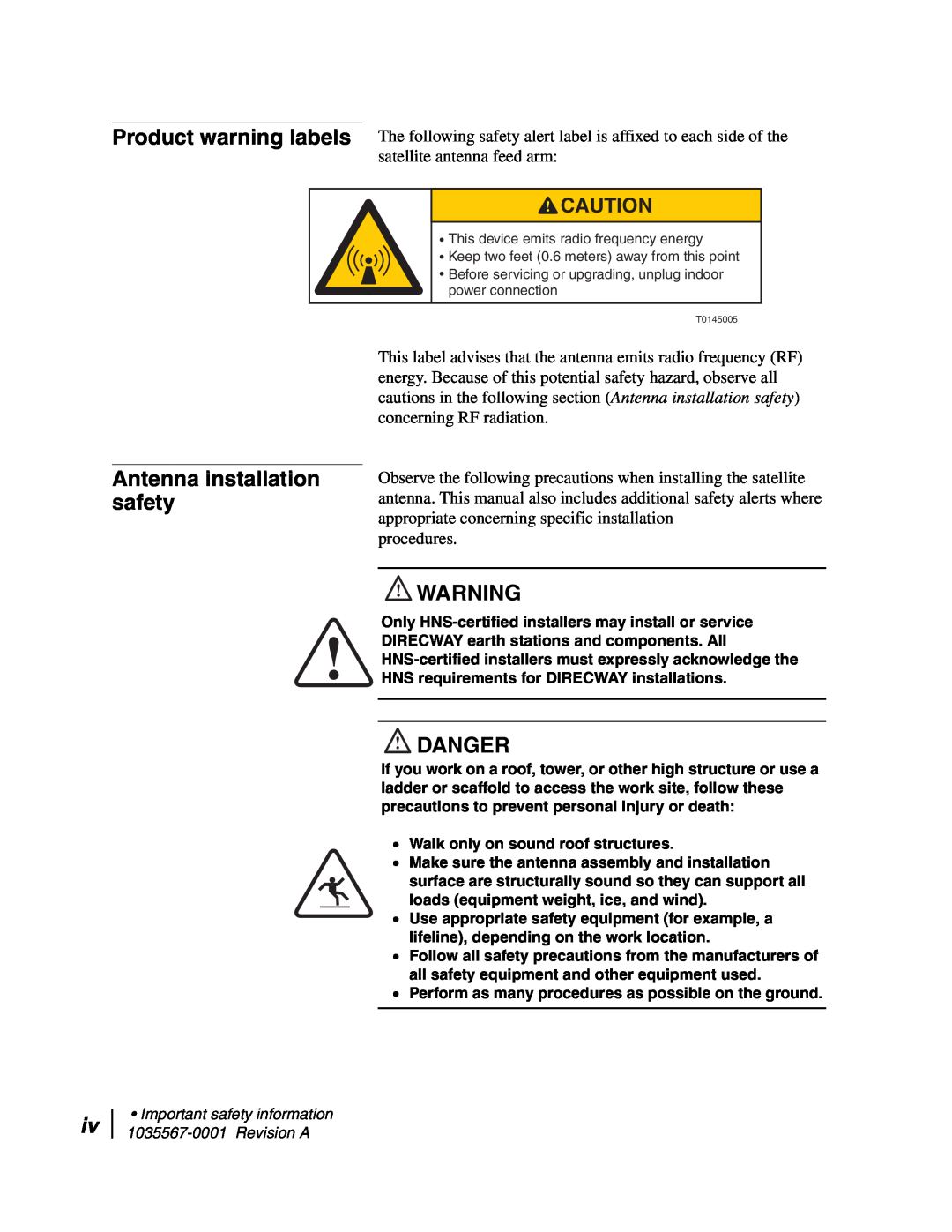 Hughes AN4-074-DF installation manual Antenna installation safety, Danger 