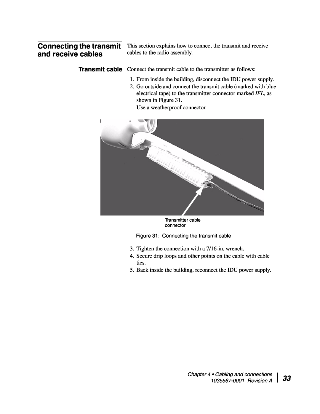 Hughes AN4-074-DF installation manual Connecting the transmit and receive cables, Transmit cable 