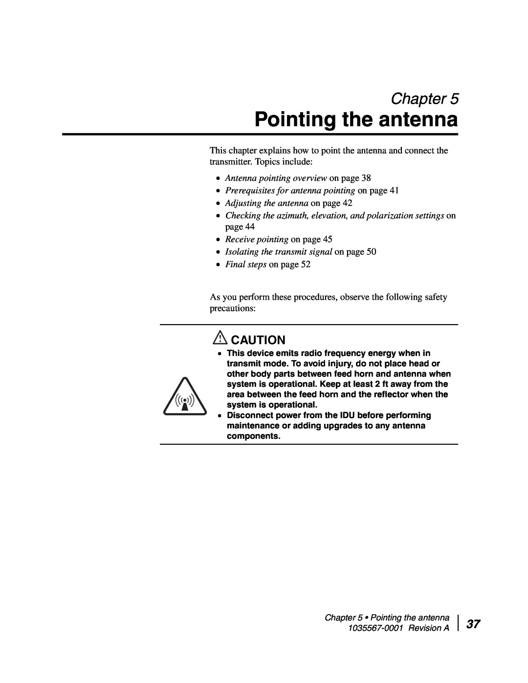 Hughes AN4-074-DF Pointing the antenna, Chapter, Antenna pointing overview on page, Adjusting the antenna on page 
